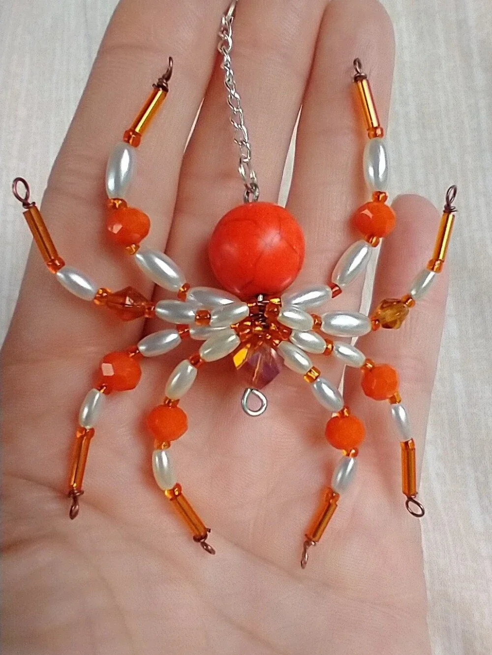 Handmade Orange & White Beaded Spider Pendant
